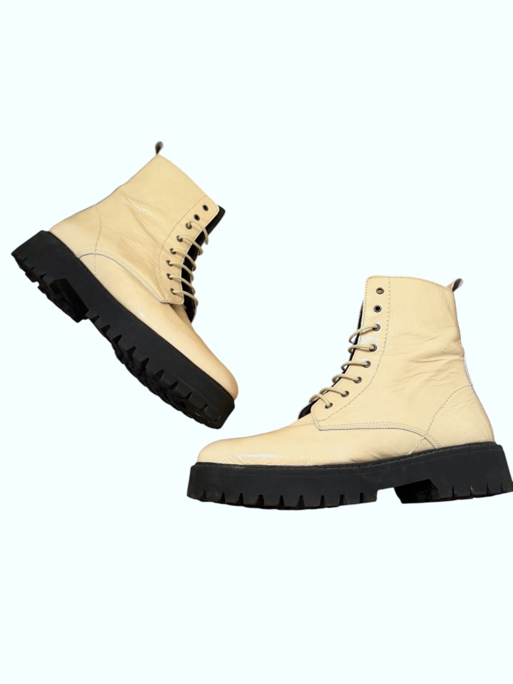 ANTHROPOLOGIE Patent Leather Lace Up Combat Boots Ivory Women’s Size 9 / 40